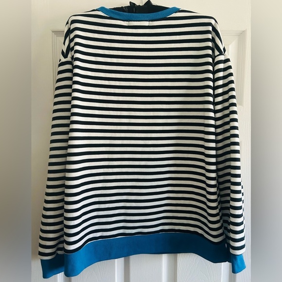 Trendy Queen Crewneck Black/White Striped Long Sleeve Sweatshirt w/ Blue Trim LG - Picture 5 of 5